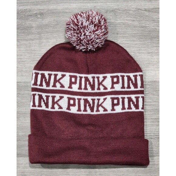 Victoria's Secret Accessories - Pink Victoria Secret Womens Beanie Pom Pom Cap Ski Striped Yoga Hat Maroon
